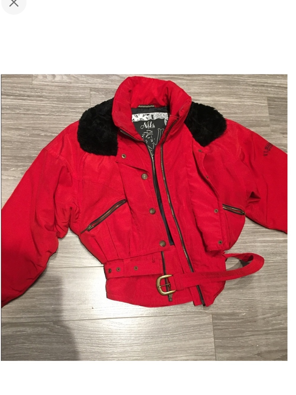 Nils Red Belted Bomber Jacket with Faux Fur Collar M vtg